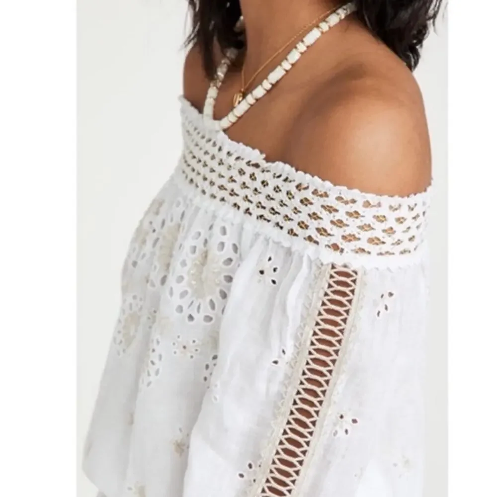 Temptation Positano Irlanda White Smocked‎ Eyelet 100% Linen Mini Dress - Picture 6 of 12
